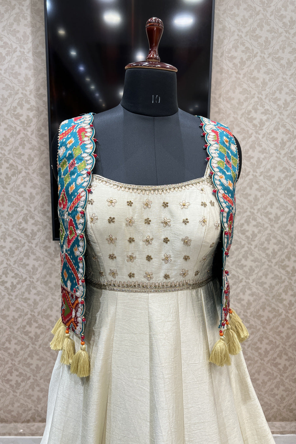 Cream Zari work with Multicolor Patola Print Jacket Styled Floor Length Anarkali Suit