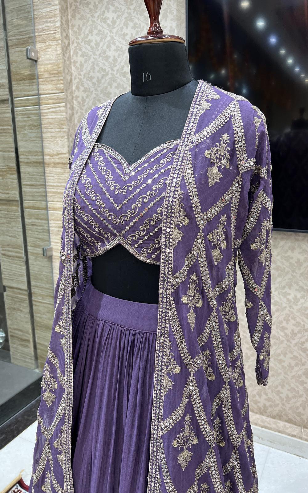 Lilac Zari and Sequins work Long Overcoat Styled Crop Top Lehenga - Seasons Chennai