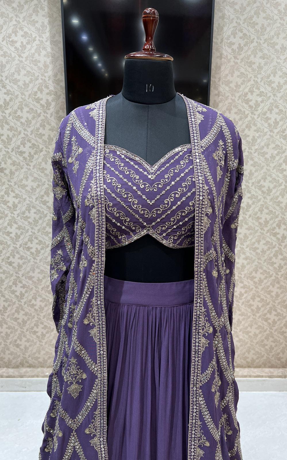 Lilac Zari and Sequins work Long Overcoat Styled Crop Top Lehenga - Seasons Chennai