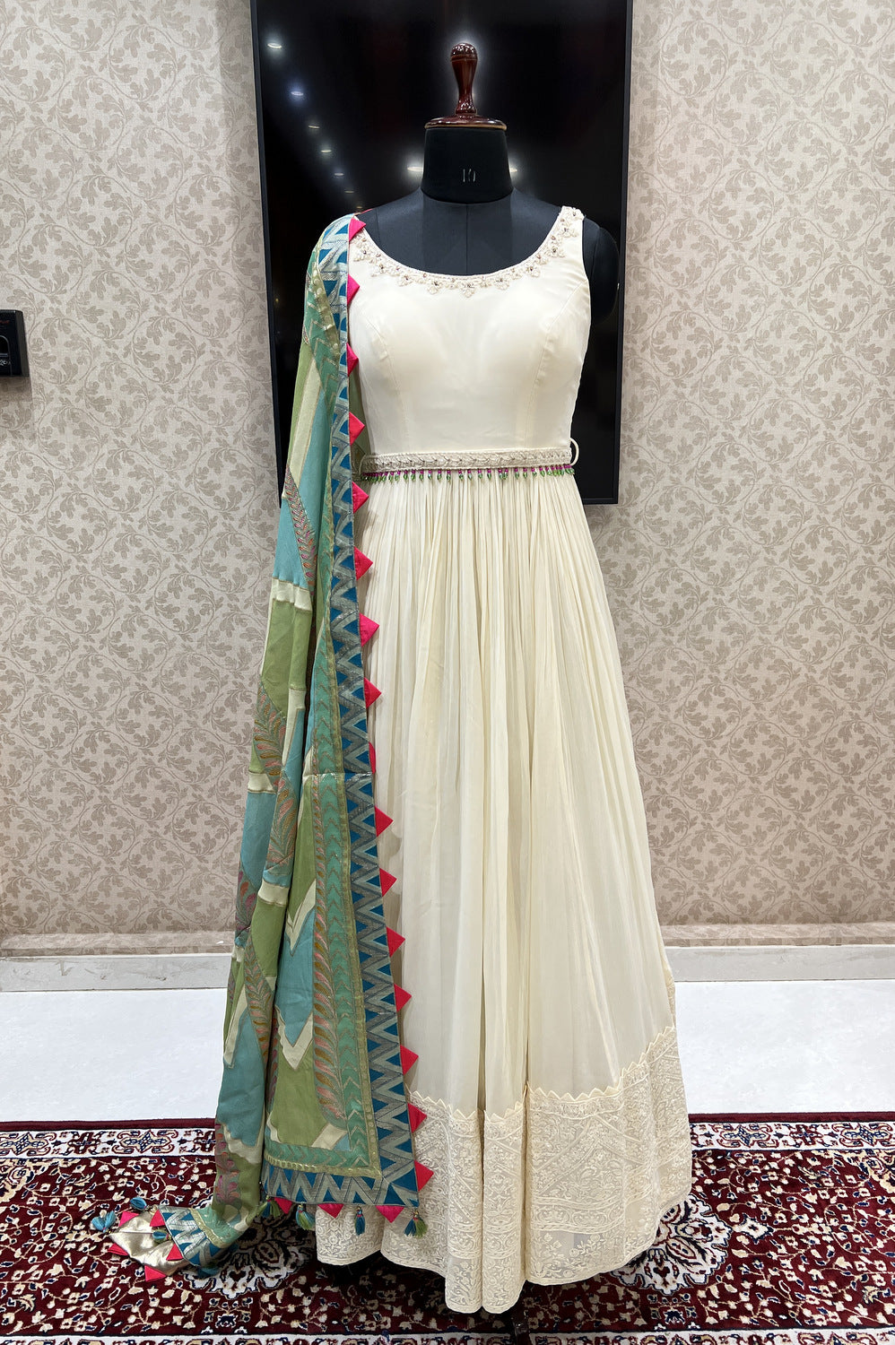 Cream Embroidery, Beads and Sequins work Floor Length Anarkali Suit