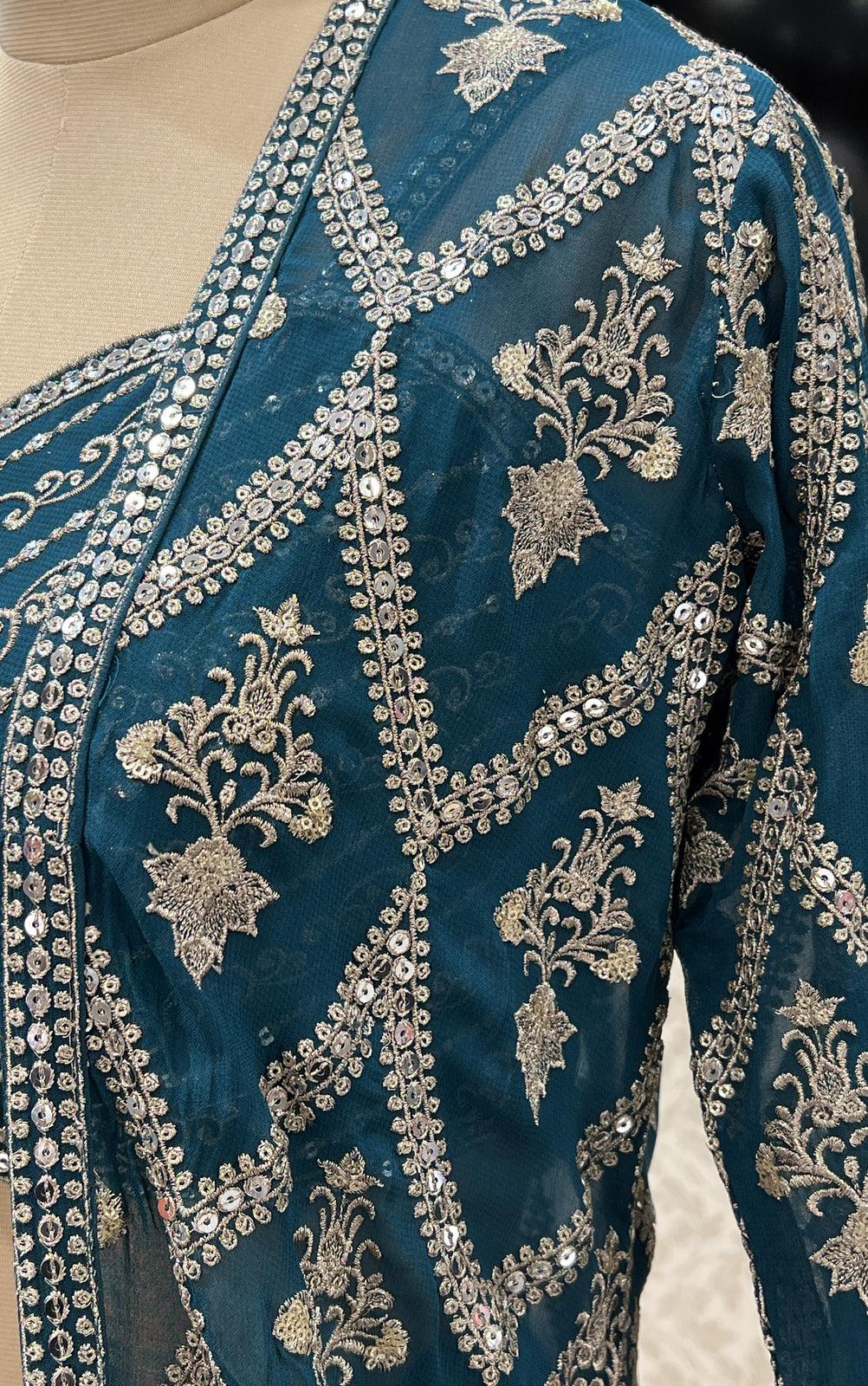 Rama Green Zari and Sequins work Long Overcoat Styled Crop Top Lehenga - Seasons Chennai