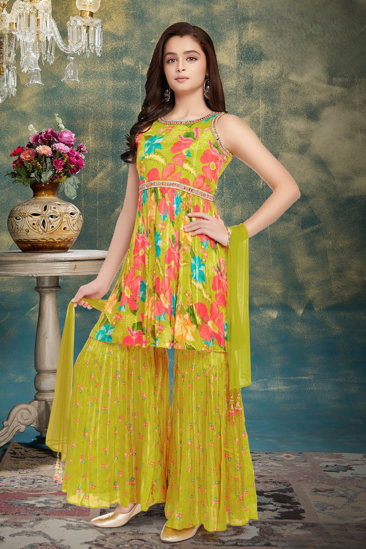 Lemon Green Mirror and Stone work with Floral Print  Peplum Top and Sharara Set for Girls