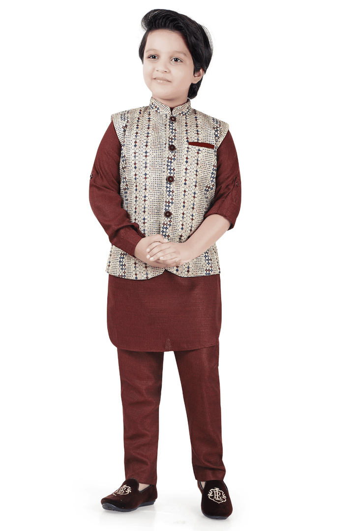 Maroon with Multicolor Digital Print and Thread Weaving work Waist Coat Kurta Set for Boys - Seasons Chennai