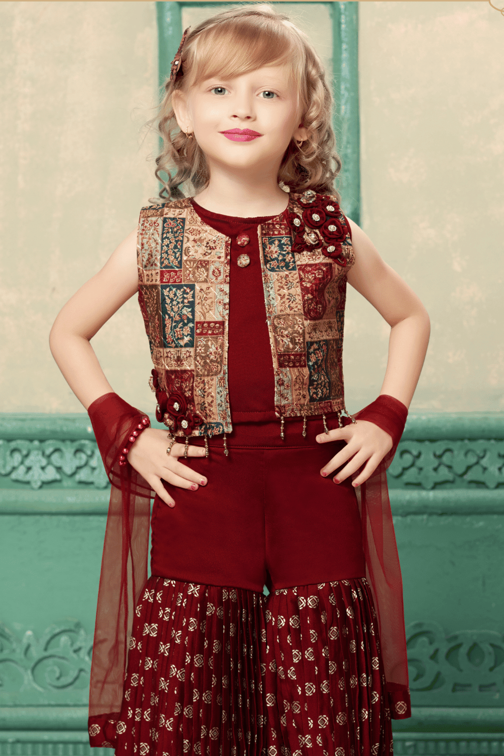 Maroon Zari and Beads work with Digital Print Overcoat Styled Sharara Set For Girls - Seasons Chennai