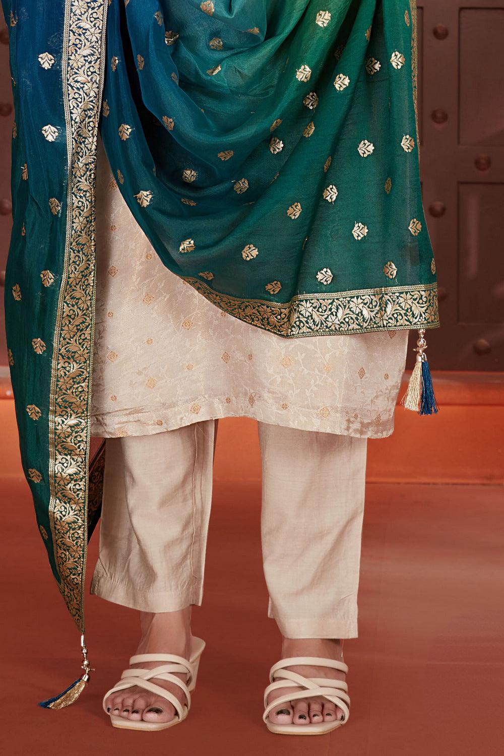 Cream Zardozi, Zari, Beads and Mirror work Straight Cut Salwar Suit - Seasons Chennai