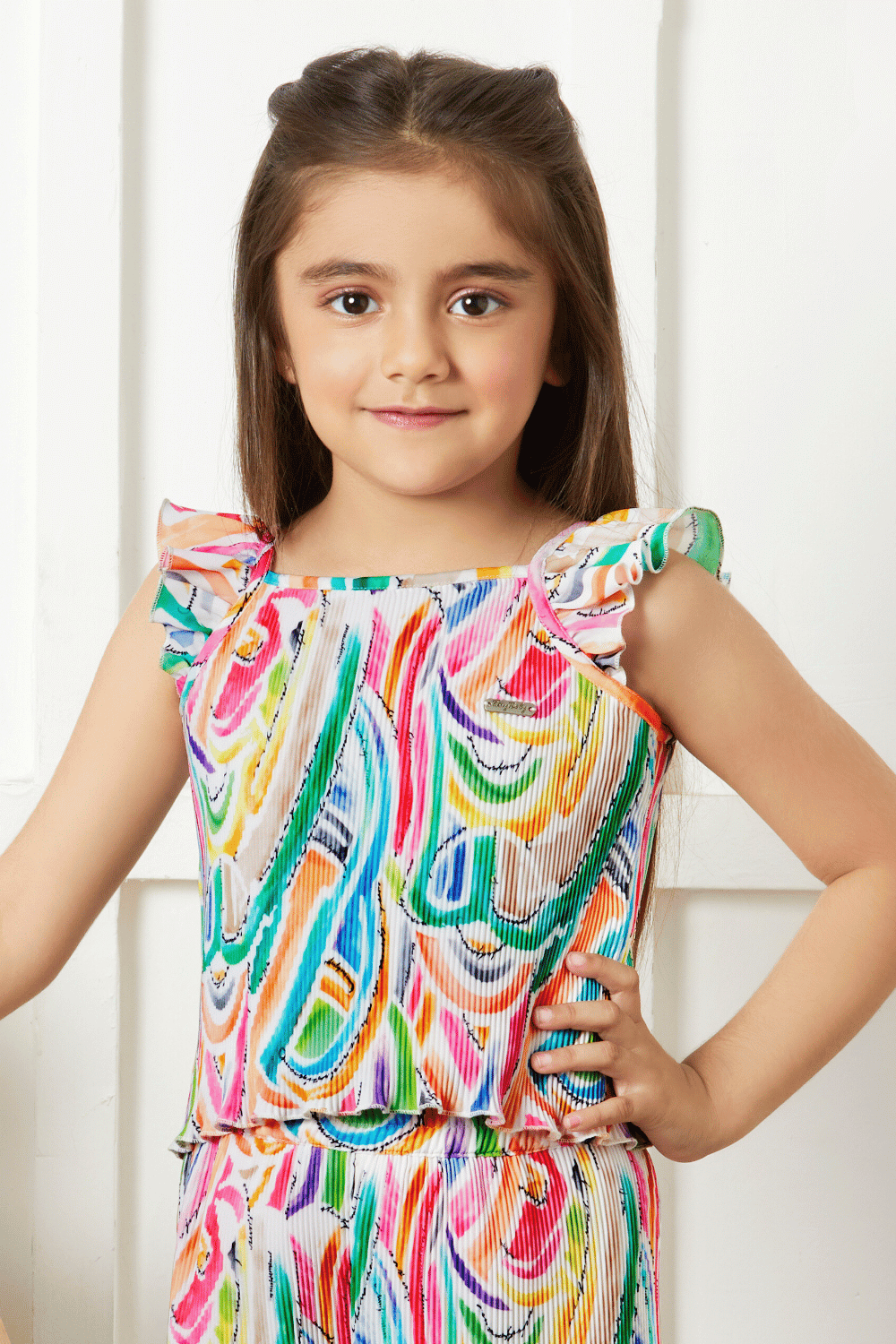 Cream with Multicolor Printed Top and Divider Skirt for Girls - Seasons Chennai