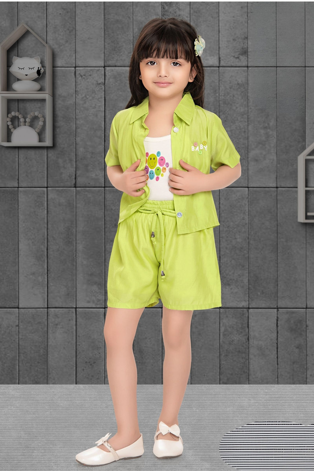 Parrot Green with White Overcoat Styed Printed Top and Shorts For Girls