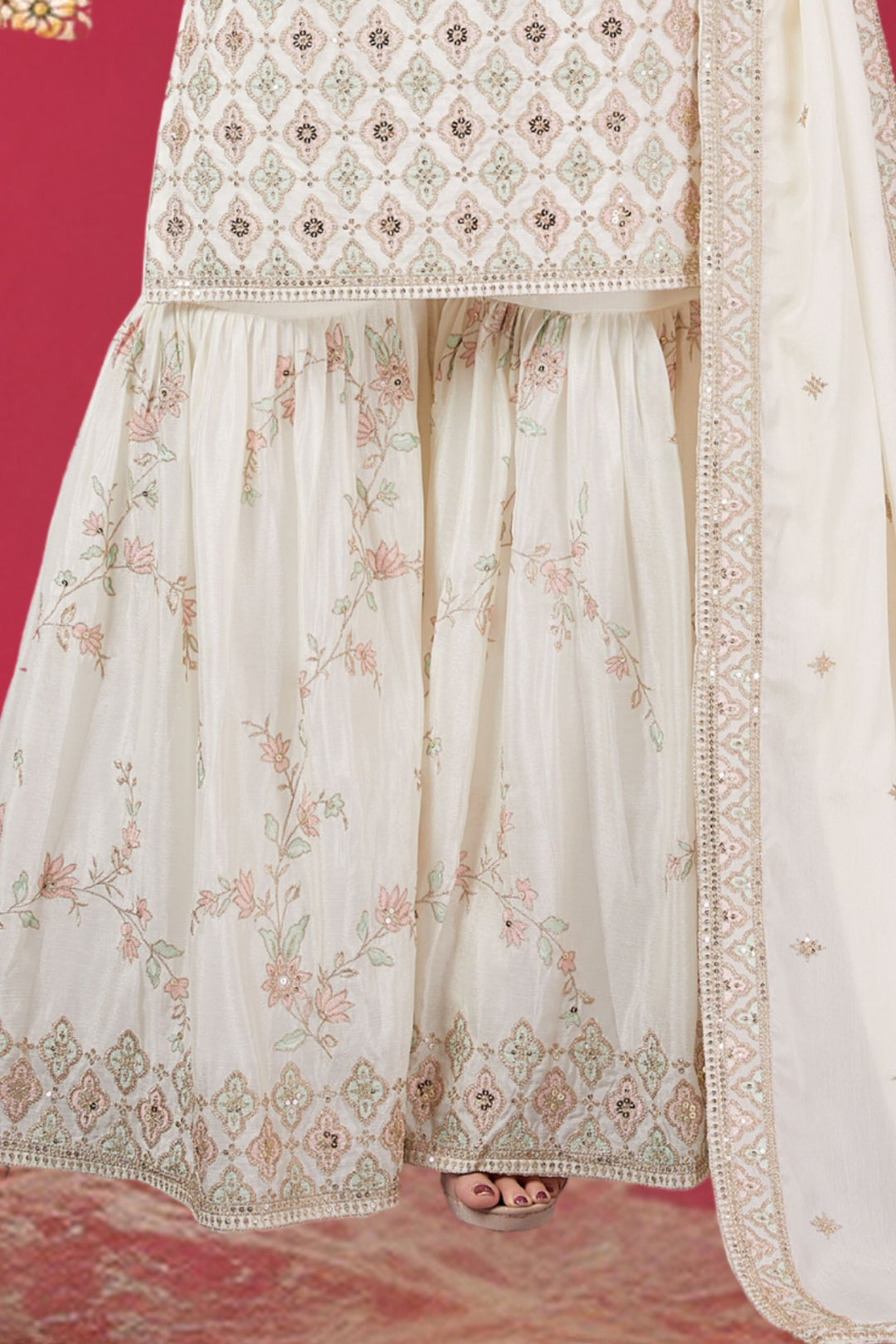 Cream Sequins, Zari, Thread and Mirror work Sharara Salwar Suit