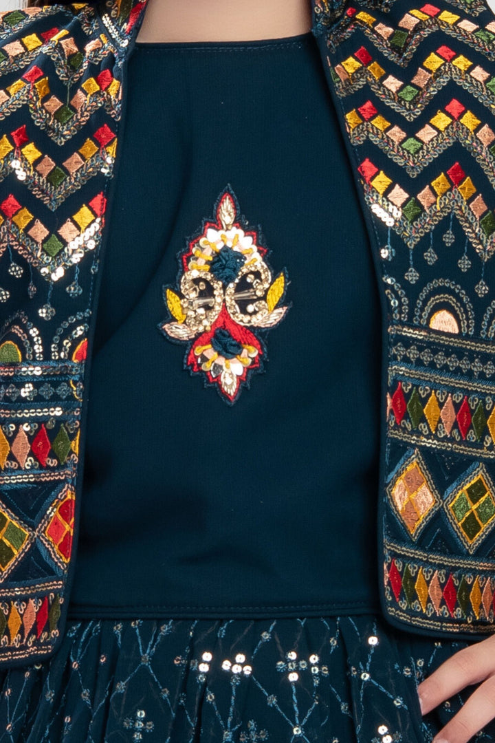 Peacock Blue Multicolor Embroidery work Overcoat Styled Lehenga Choli for Girls