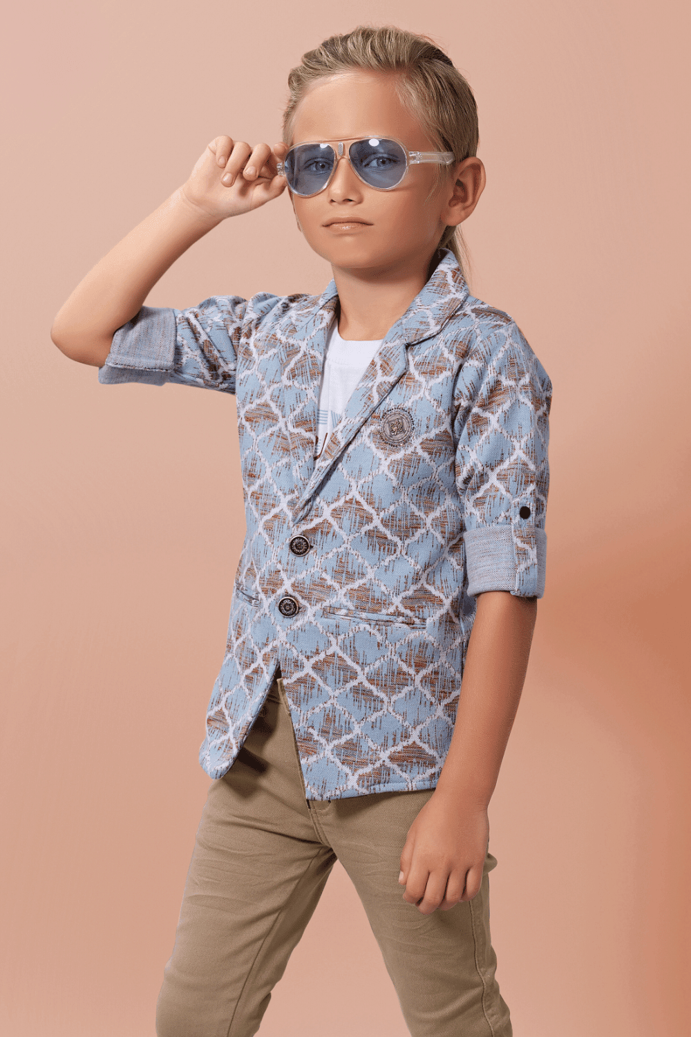 White and Blue Printed Waist Coat and Beige Pant Set for Boys with Belt - Seasons Chennai