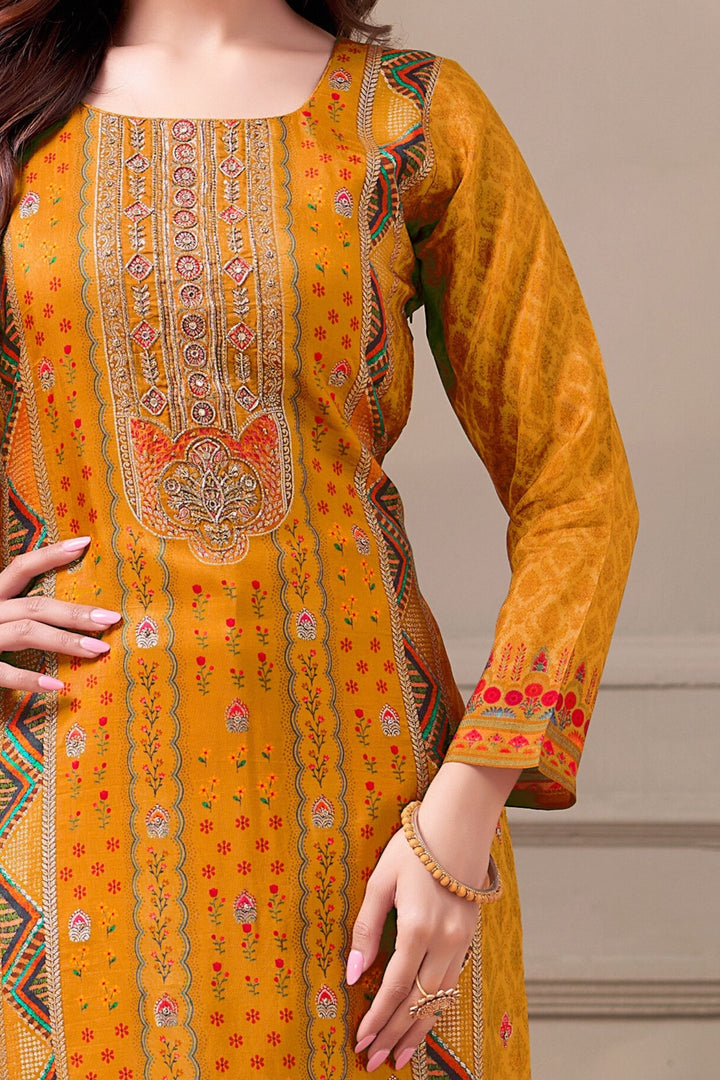 Mustard Banaras and Beads work with Digital Print Straight Cut Salwar Suit
