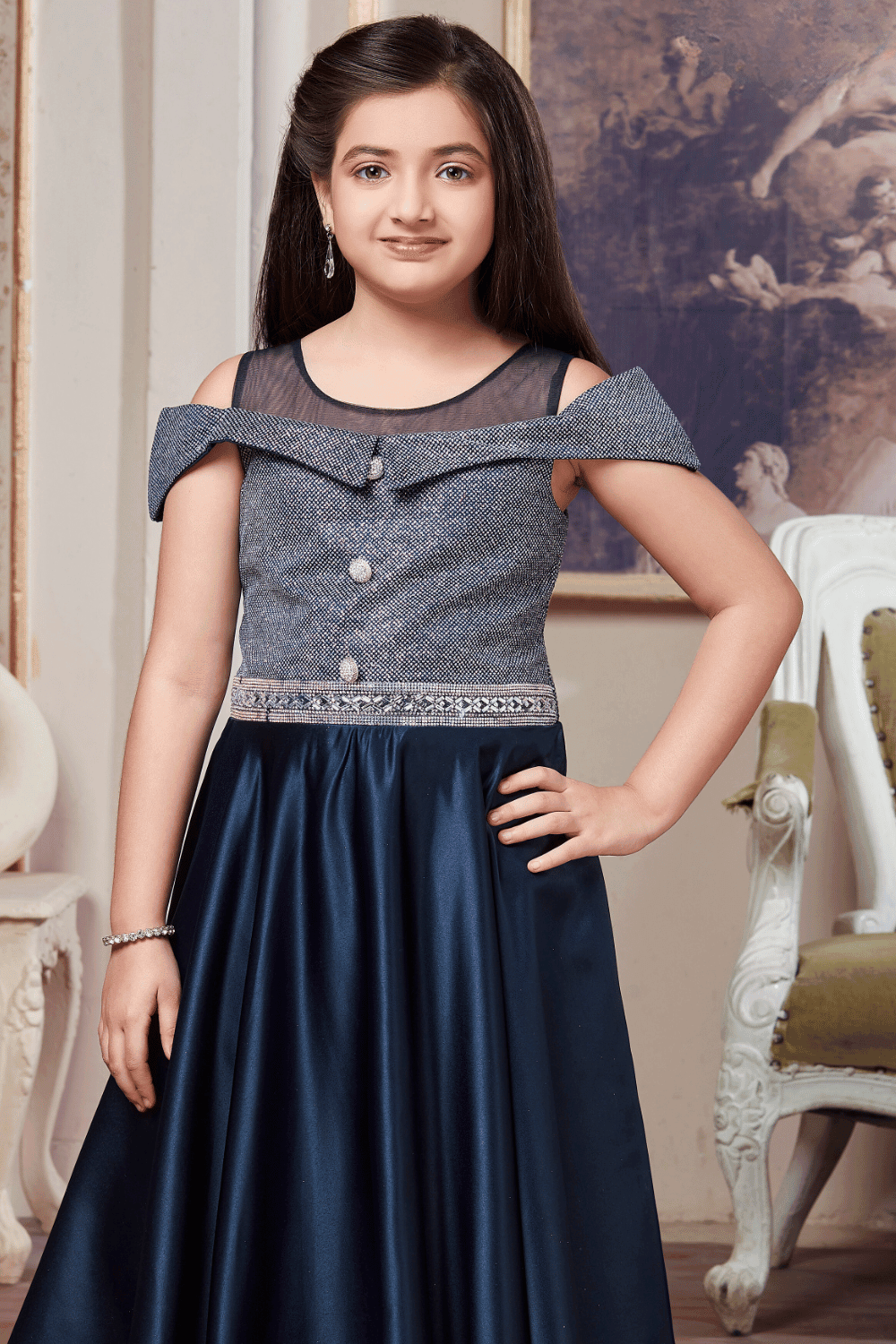 Navy Blue Stone and Glitter work Long Party Gown for Girls - Seasons Chennai