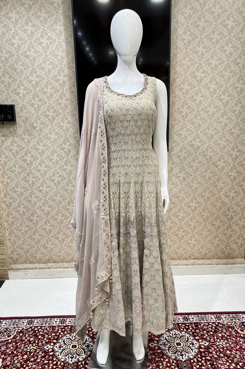 Beige Zari, Thread, Sequins and Beads work Anarkali Style Salwar Suit with Palazzo Pant