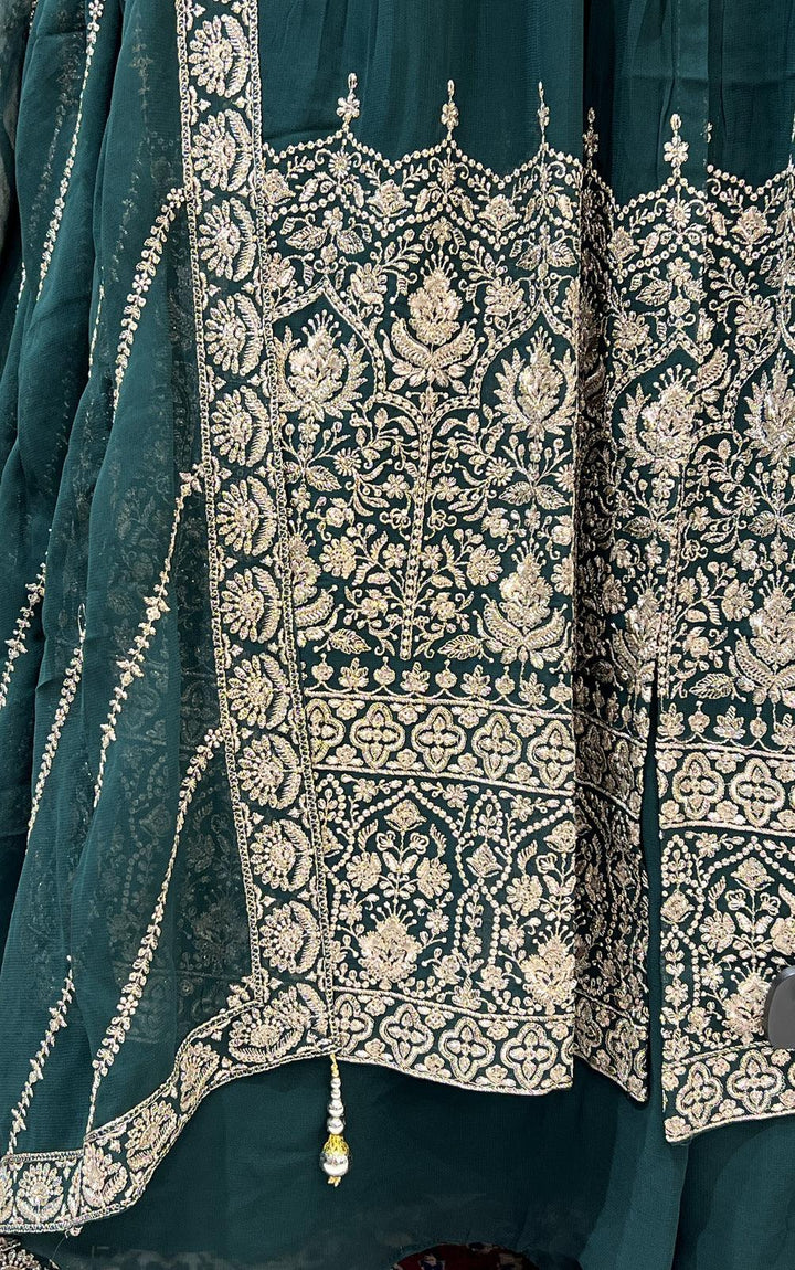 Bottle Green Beads, Sequins and Zari work Mastani Styled Long Top Lehenga - Seasons Chennai