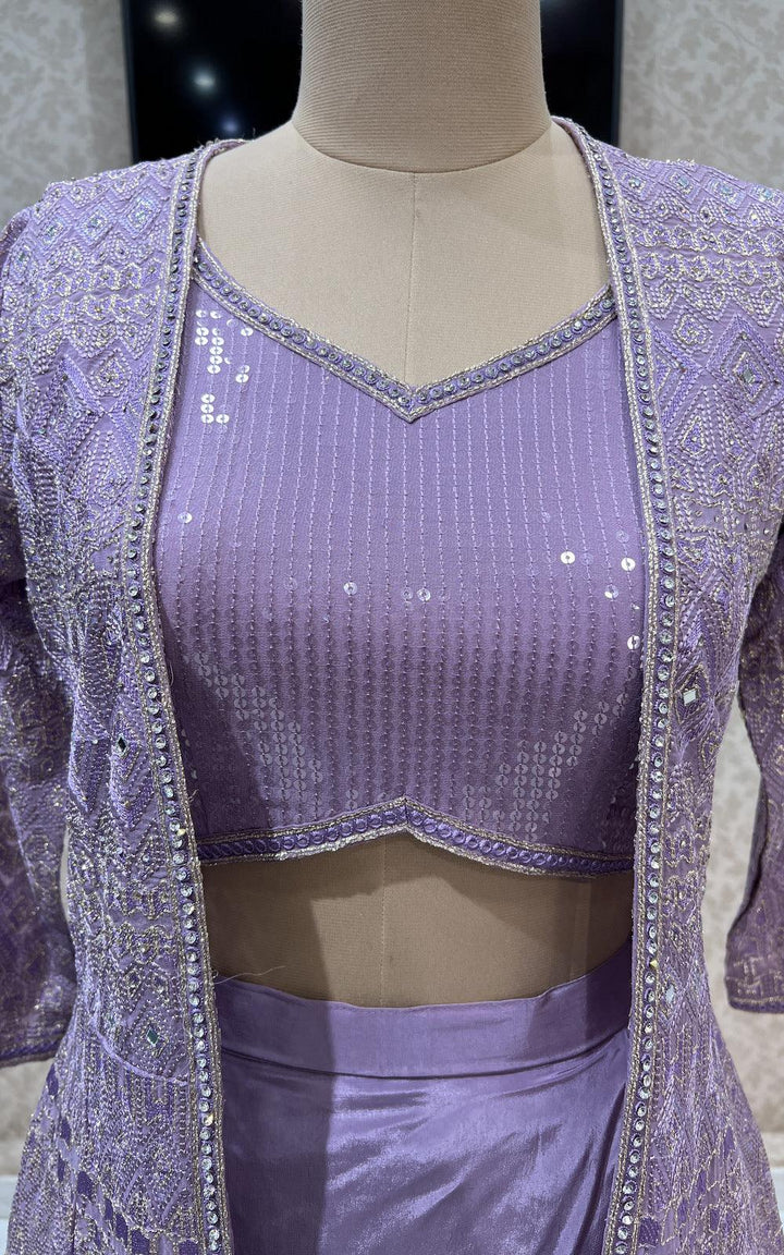Light Lavender Sequins and Thread work Long Overcoat Styled Cowl Lehenga with Crop Top - Seasons Chennai
