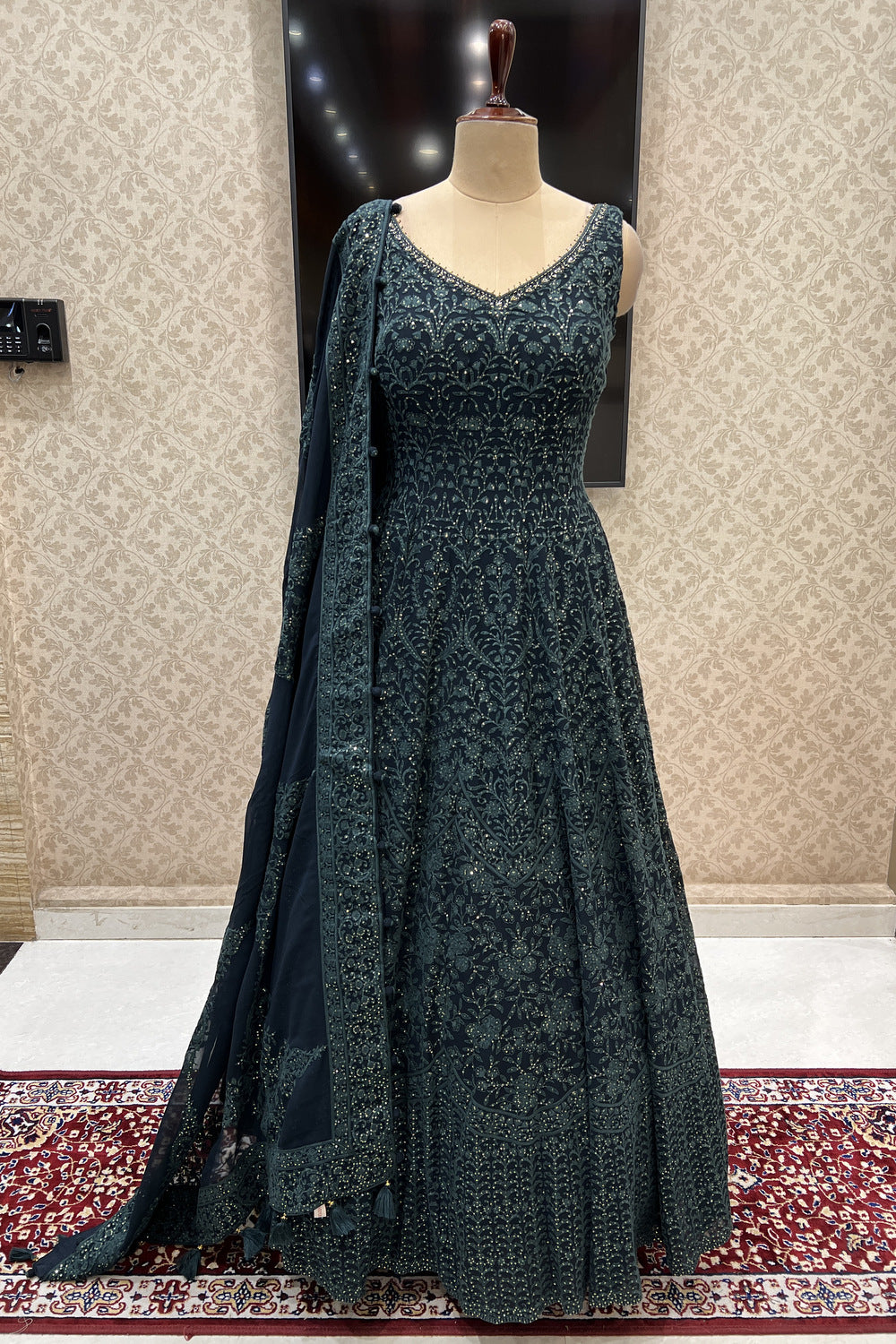 Bottle Green Embroidery and Sequins work Floor Length Anarkali Suit
