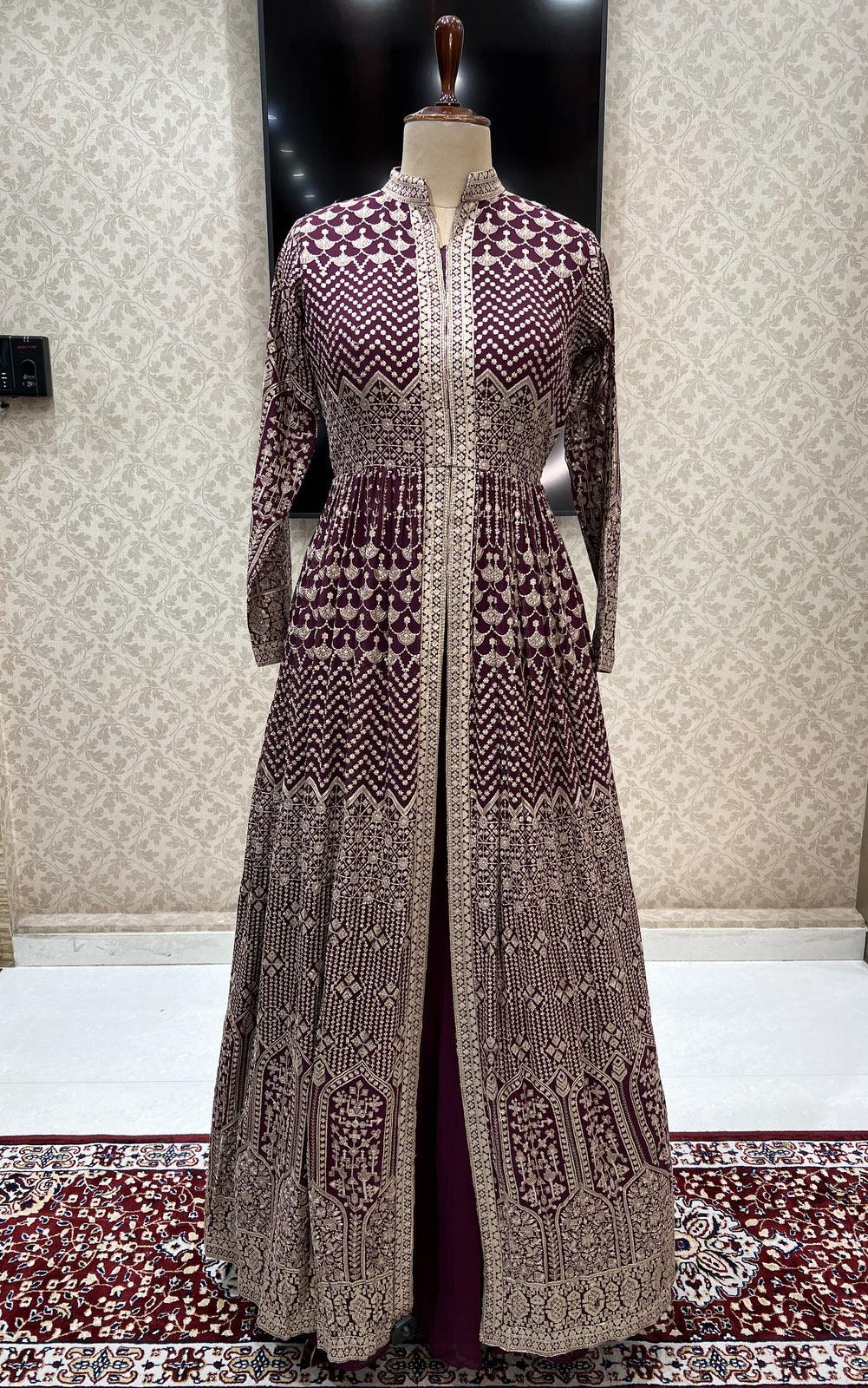 Wine Zari Thread and Sequins work Mastani Styled Long Top Lehenga - Seasons Chennai