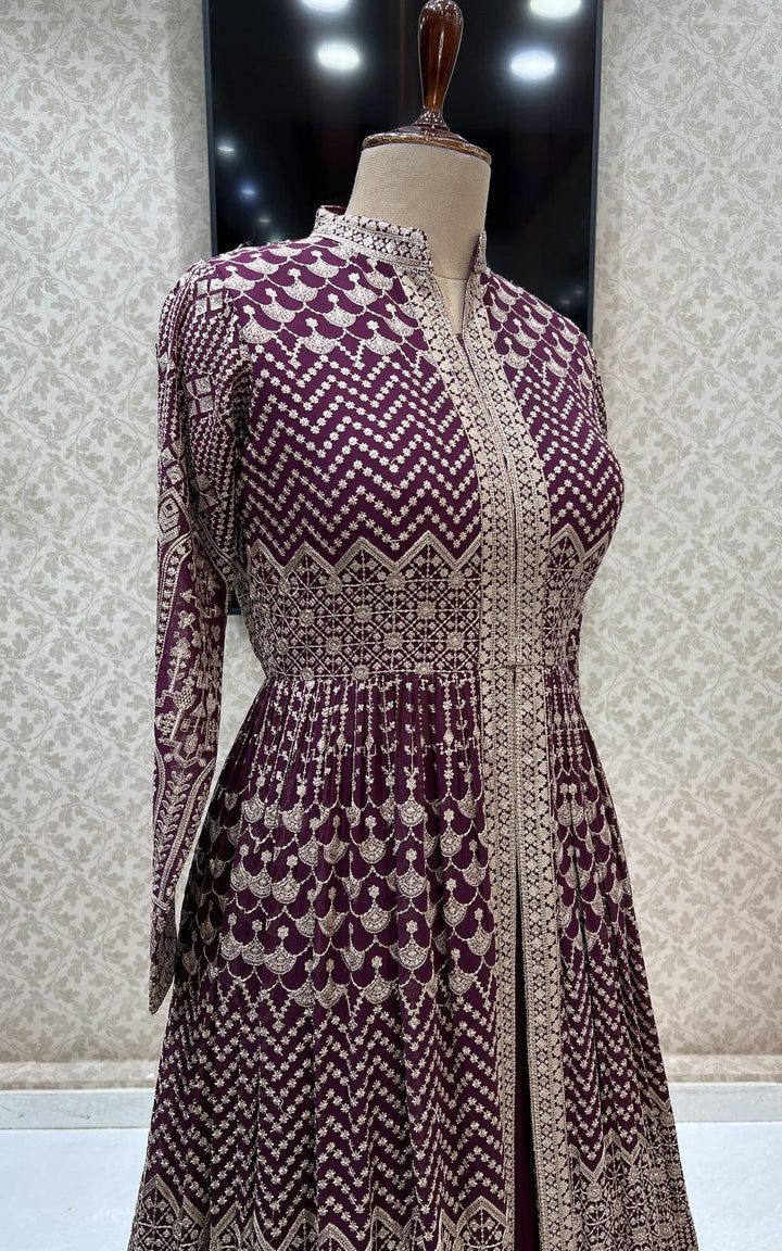 Wine Zari Thread and Sequins work Mastani Styled Long Top Lehenga - Seasons Chennai