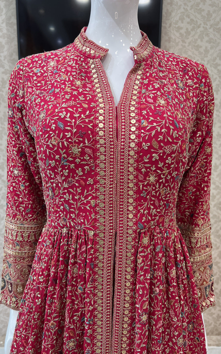 Rani Pink Zari, Sequins and Multicolor Thread work Mastani Styled Long Top Lehenga