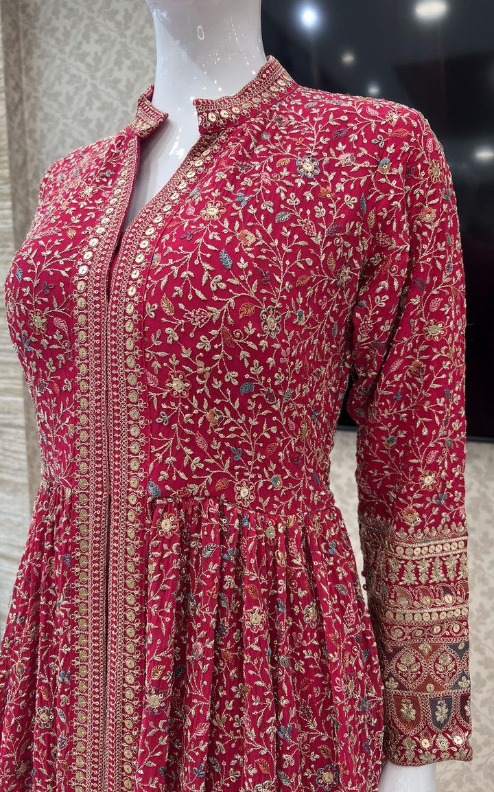 Rani Pink Zari, Sequins and Multicolor Thread work Mastani Styled Long Top Lehenga