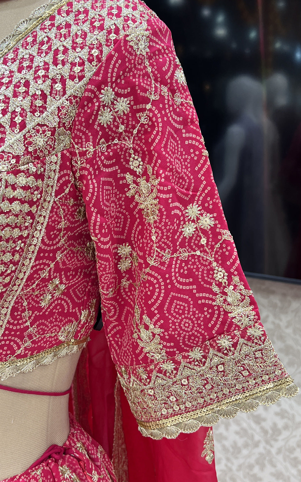 Rani Pink Bandini Print, Sequins and Zari work Crop Top Lehenga