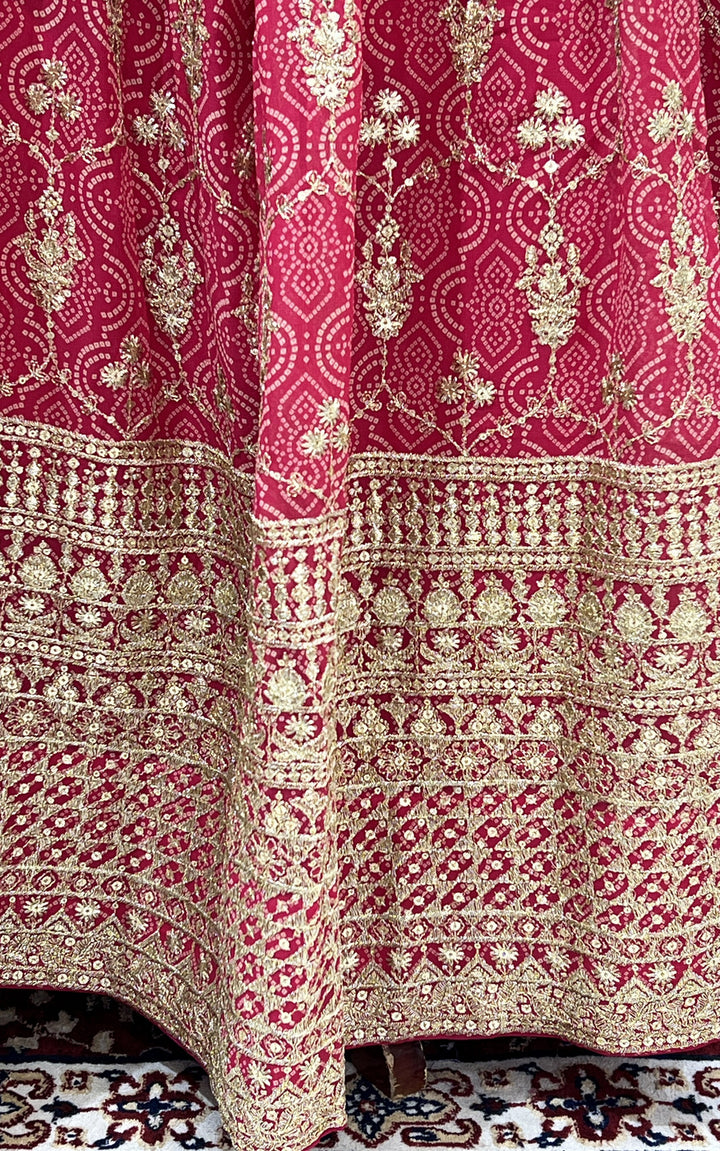 Rani Pink Bandini Print, Sequins and Zari work Crop Top Lehenga