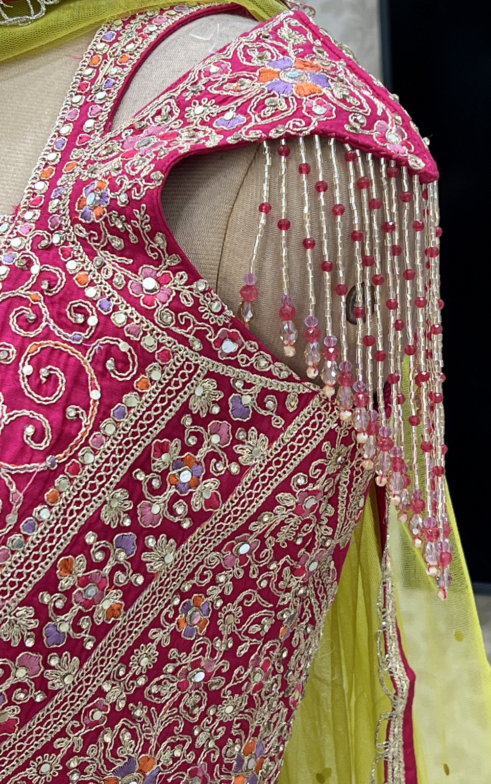 Pink with Parrot Green Zari, Stone and Beads work Crop Top Lehenga