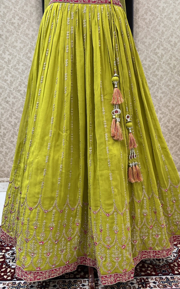 Pink with Parrot Green Zari, Stone and Beads work Crop Top Lehenga