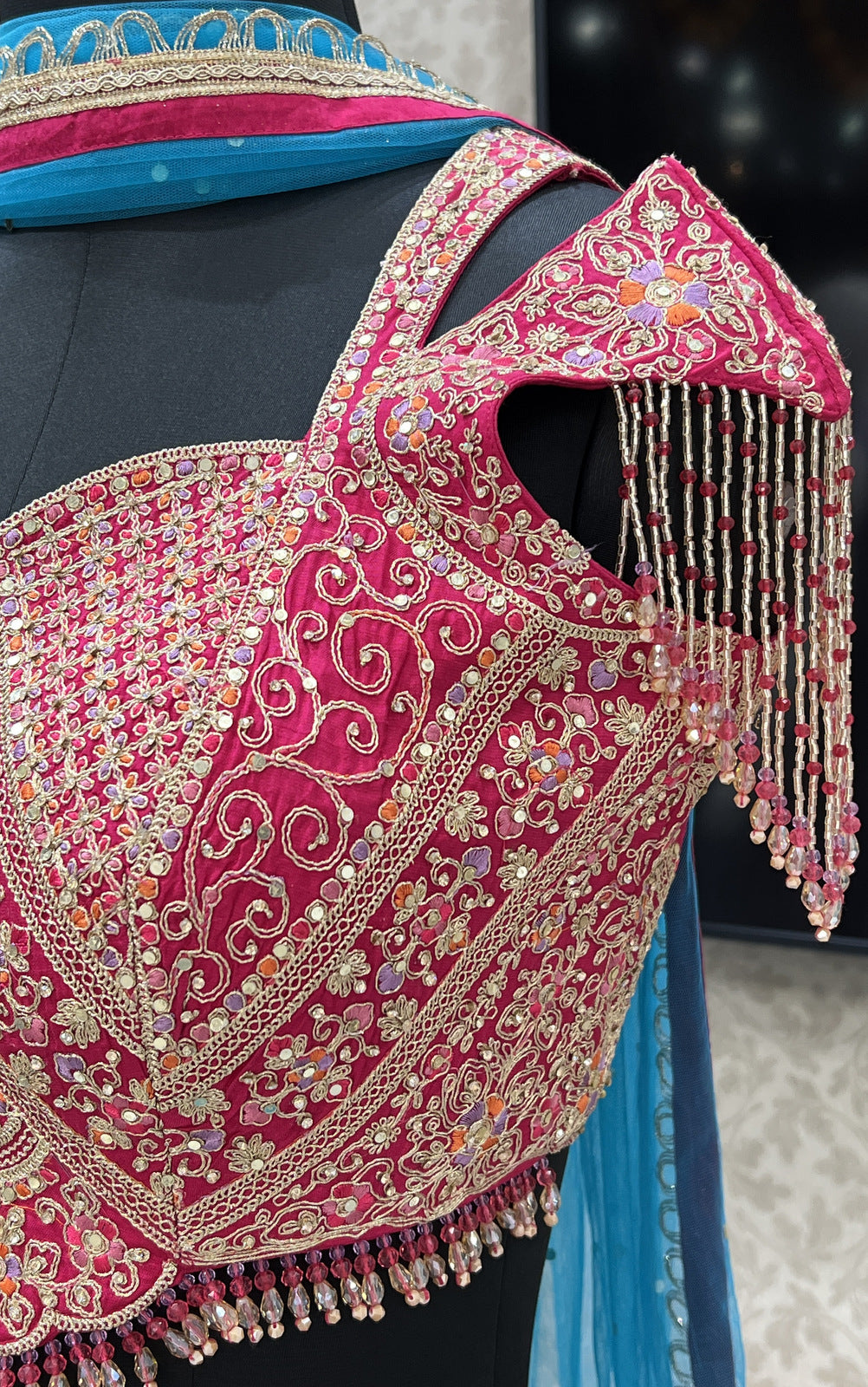 Pink with Rama Blue Zari, Stone and Beads work Crop Top Lehenga