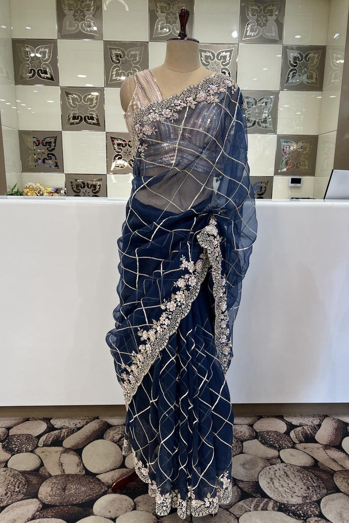 Blue Sequins, Beads and Pearl work Saree with Matching Unstitched Designer Blouse - Seasons Chennai