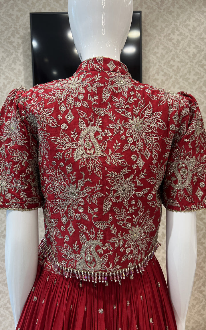 Red Sequins, Zari, Mirror and Stone work Jacket Styled Crop Top Lehenga