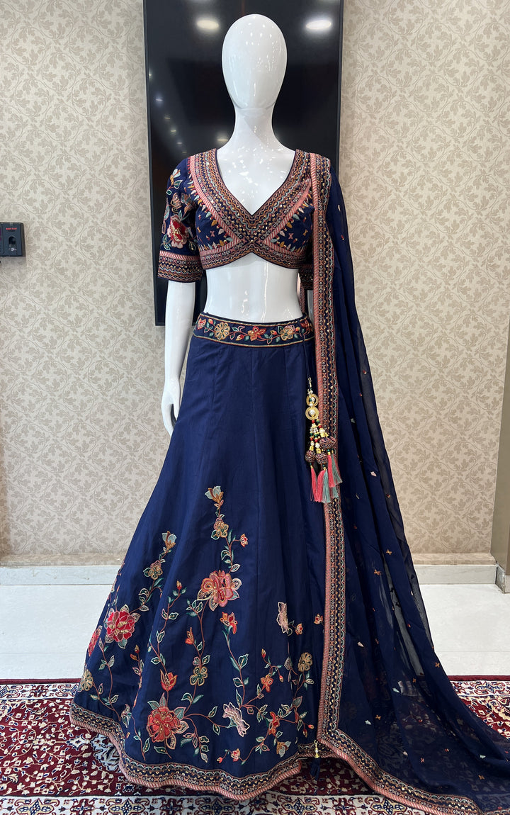 Navy Blue Multicolor Embroidery and Sequins work Crop Top Lehenga