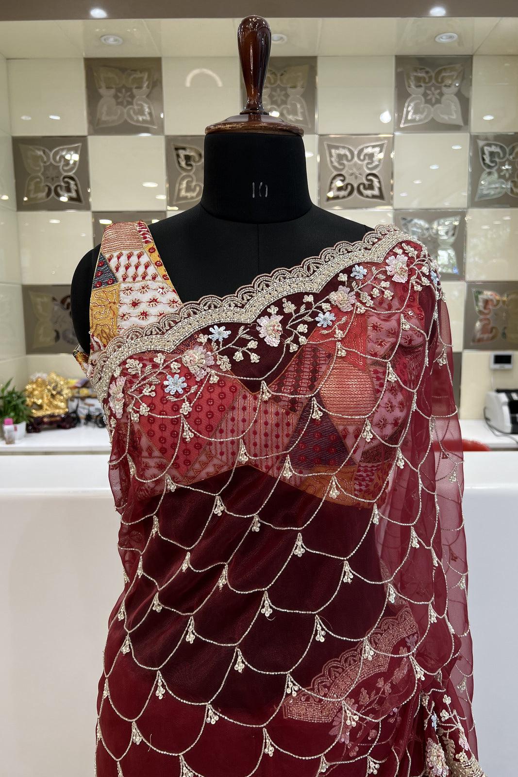 Maroon Sequins, Beads and Pearl work Saree with Matching Unstitched Designer Blouse - Seasons Chennai