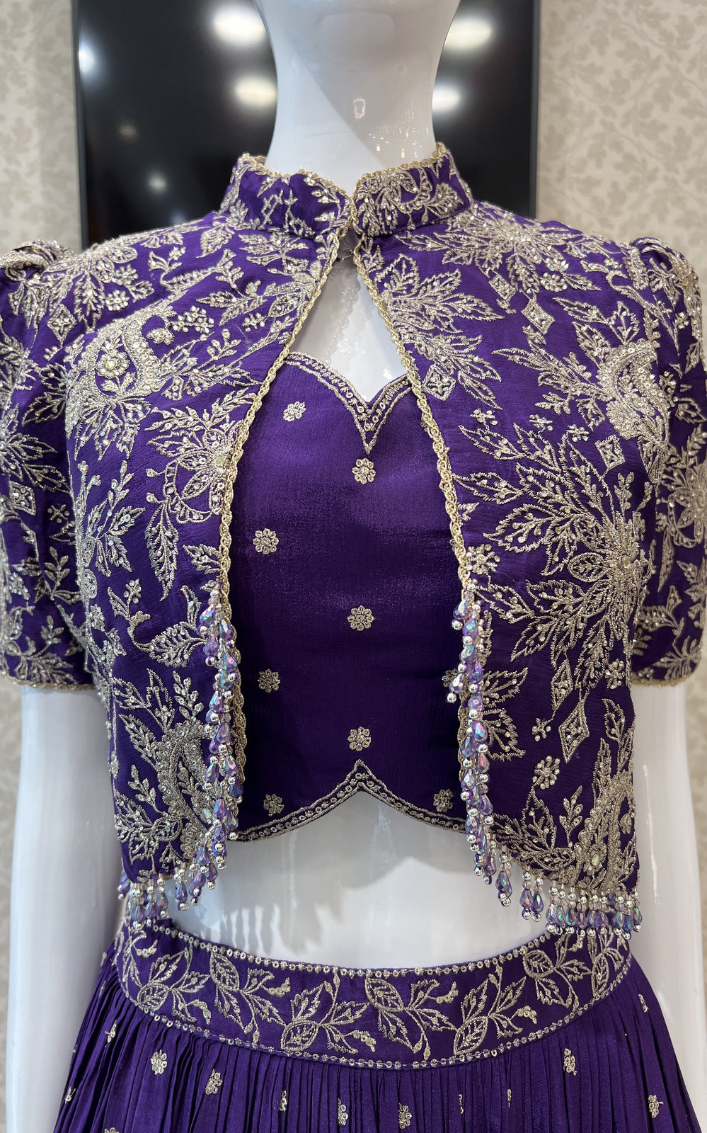 Purple Sequins, Zari, Mirror and Stone work Jacket Styled Crop Top Lehenga
