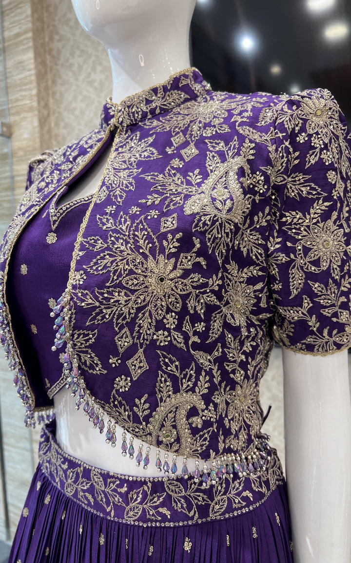 Purple Sequins, Zari, Mirror and Stone work Jacket Styled Crop Top Lehenga