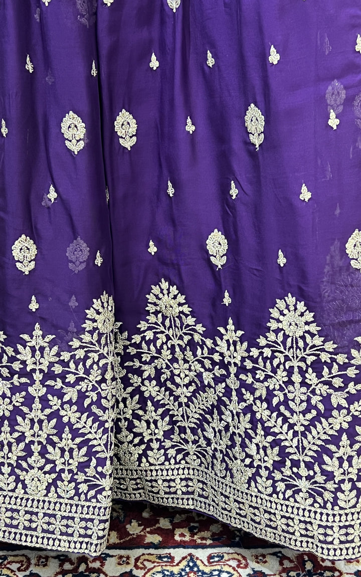Purple Silver Zari and Sequins work Crop Top Lehenga