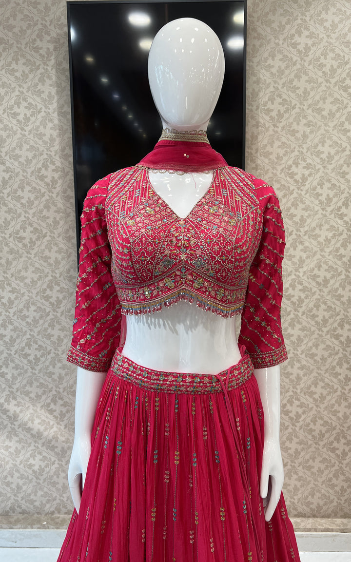 Rani Pink Multicolor Thread, Zari and Sequins work Crop Top Lehenga
