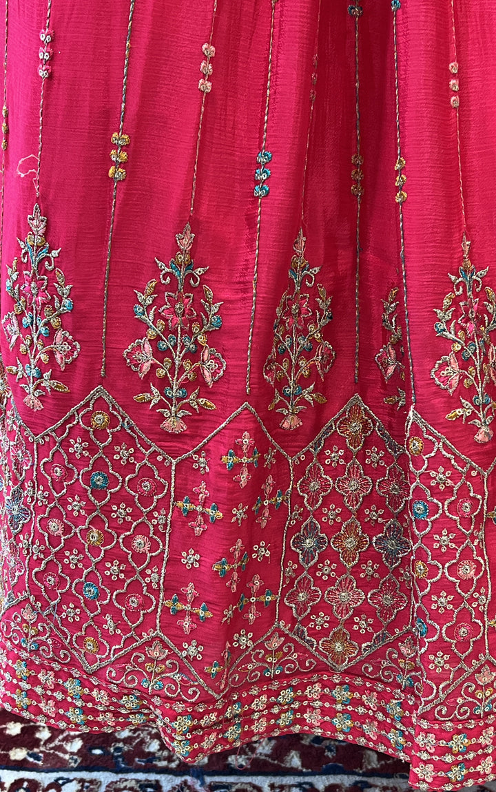 Rani Pink Multicolor Thread, Zari and Sequins work Crop Top Lehenga
