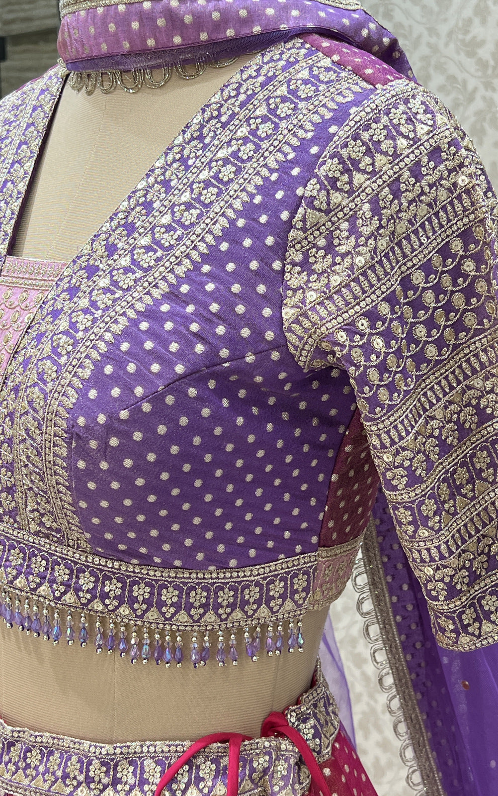Purple with Magenta Banaras, Sequins and Zari work Crop Top Lehenga
