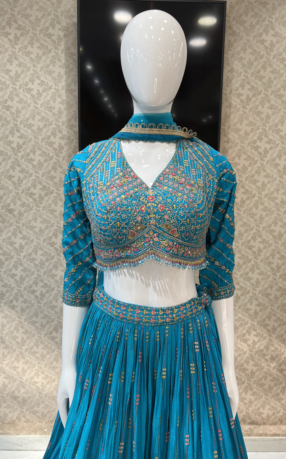 Rama Blue Multicolor Thread, Zari and Sequins work Crop Top Lehenga