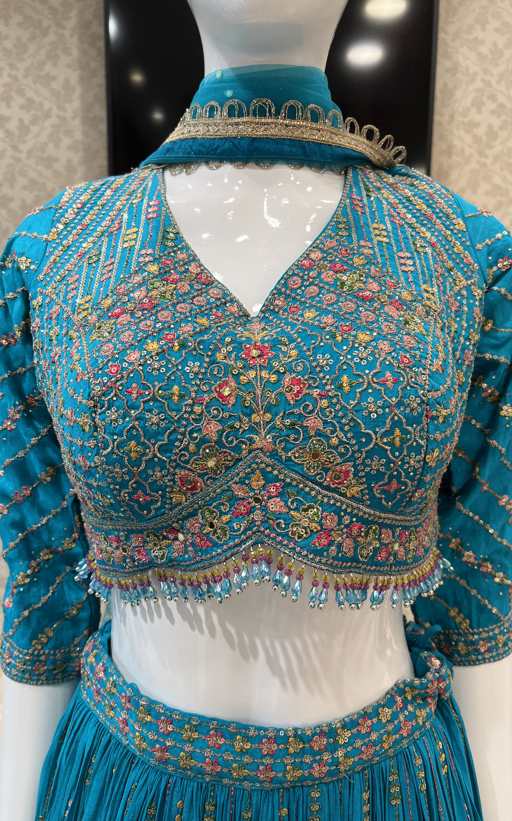 Rama Blue Multicolor Thread, Zari and Sequins work Crop Top Lehenga