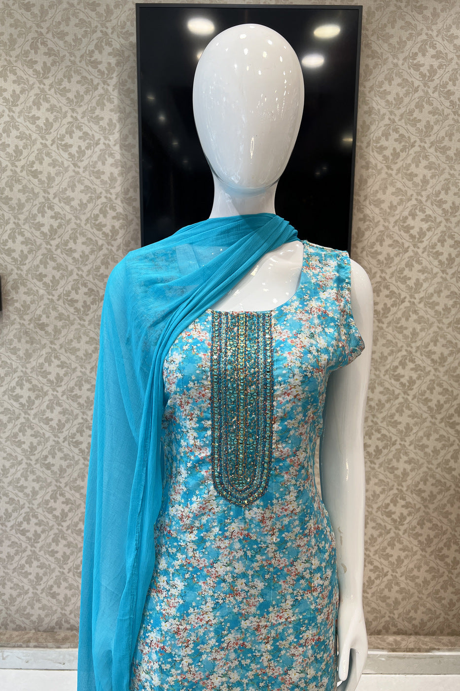 Sky Blue Mirror, Stone and Thread work with Digital Print Straight Cut