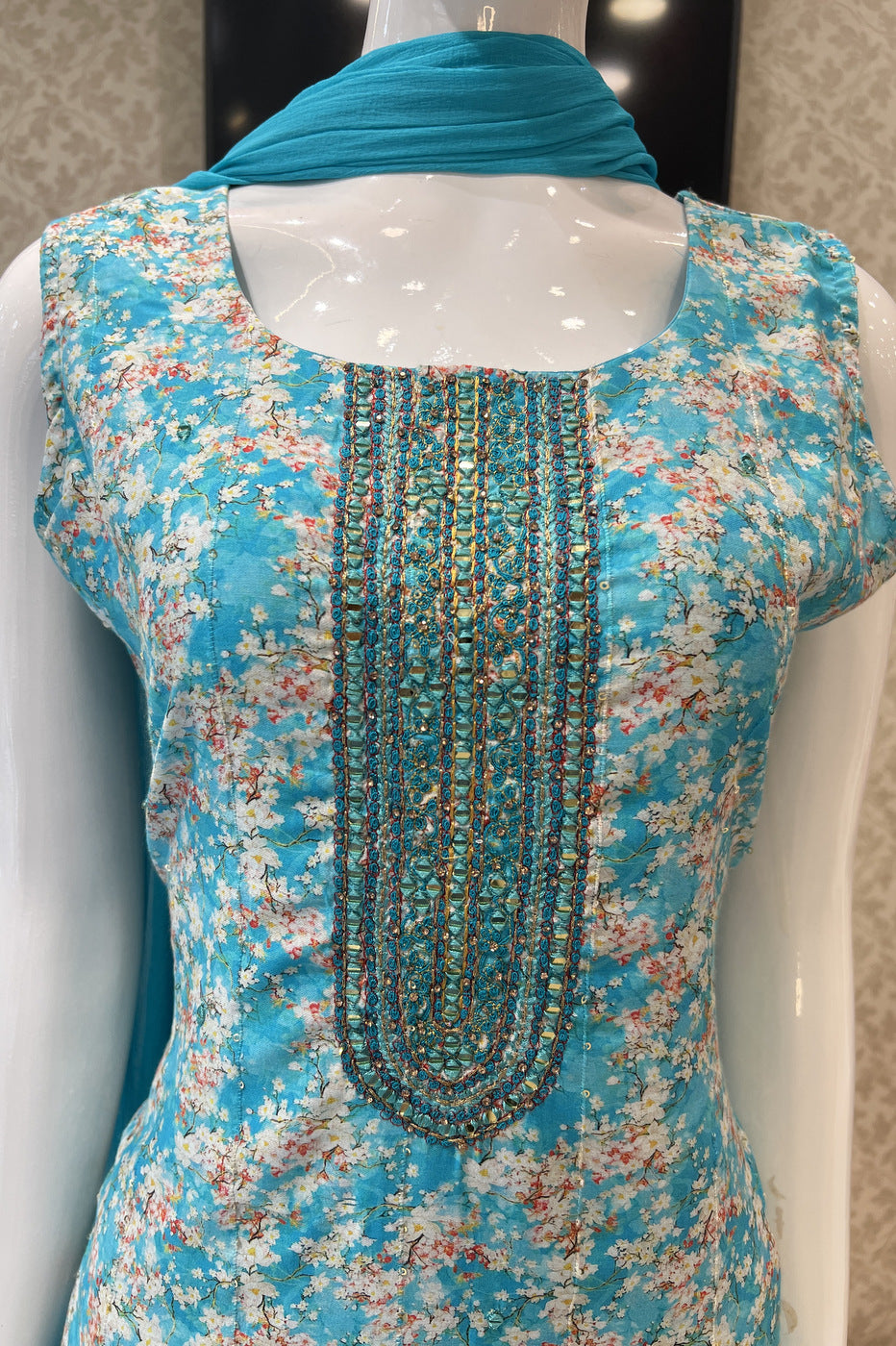 Sky Blue Mirror, Stone and Thread work with Digital Print Straight Cut