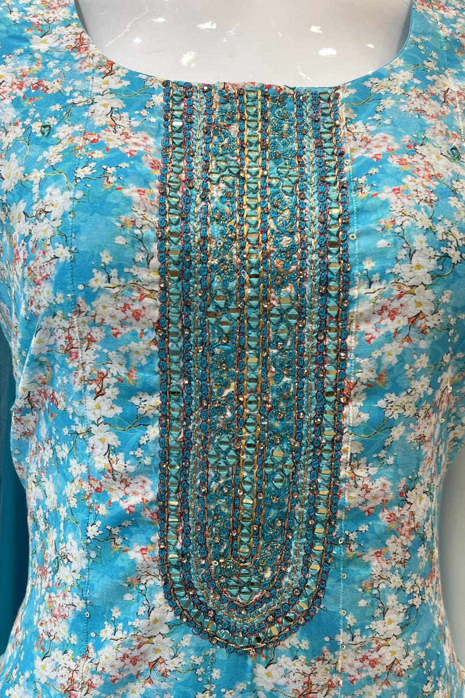 Sky Blue Mirror, Stone and Thread work with Digital Print Straight Cut