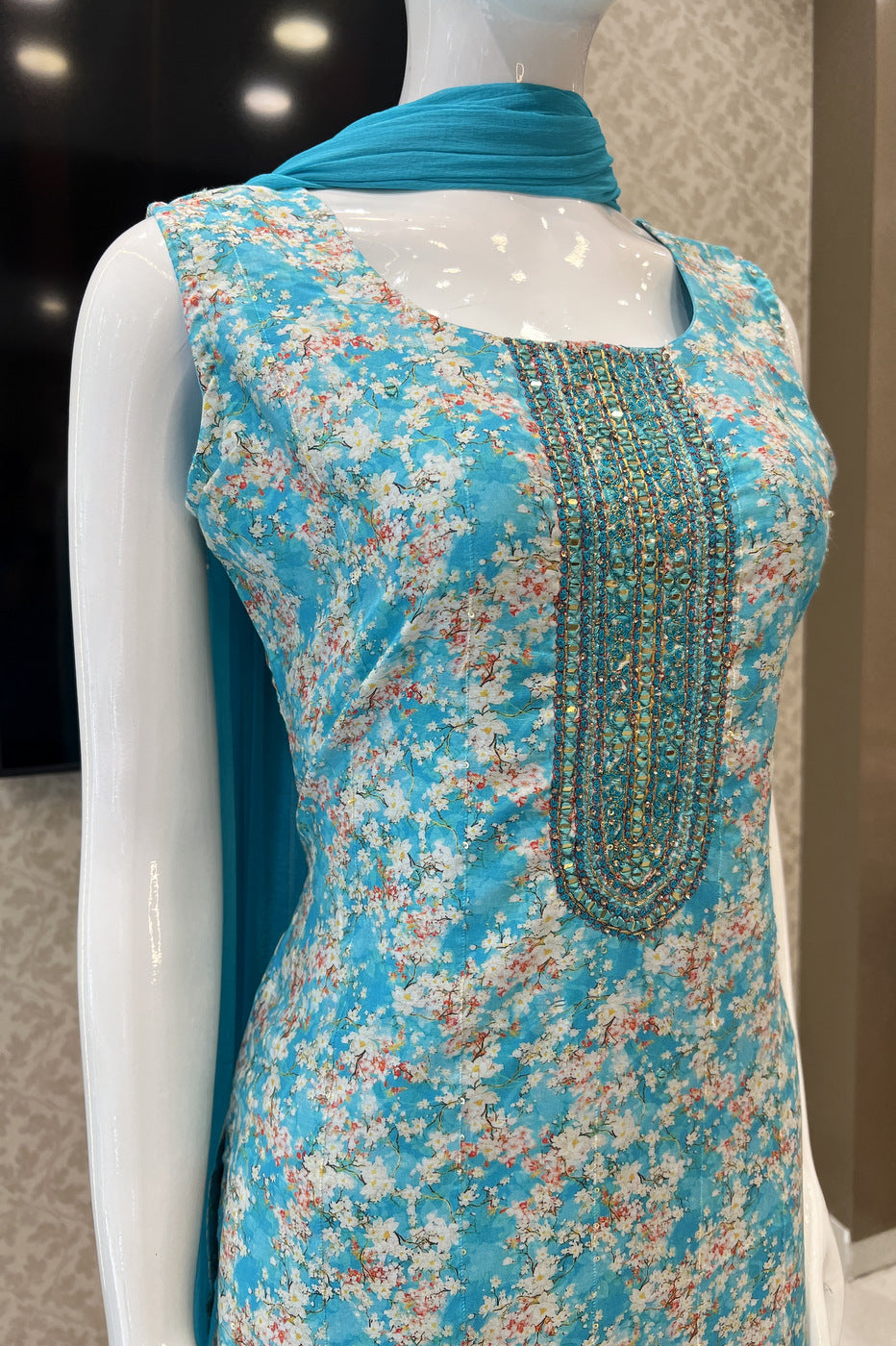 Sky Blue Mirror, Stone and Thread work with Digital Print Straight Cut