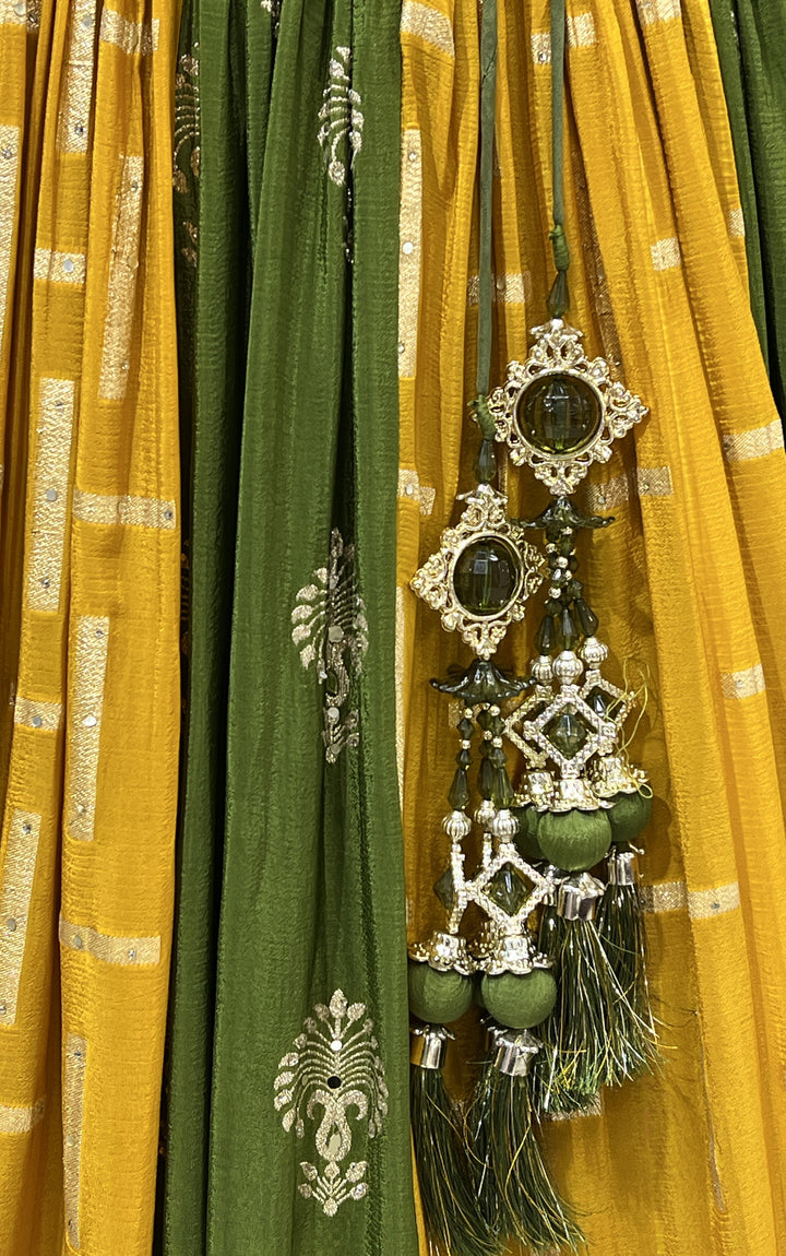 Mehendi Green with Mustard Zari Embroidery and Banaras work Crop Top Lehenga