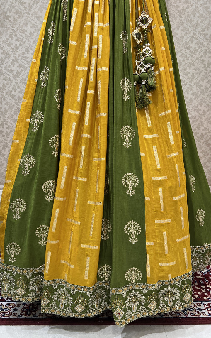 Mehendi Green with Mustard Zari Embroidery and Banaras work Crop Top Lehenga