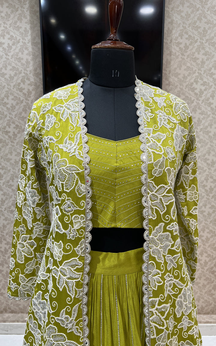 Parrot Green Silver Zari, Thread and Sequins work Long Overcoat Styled Crop Top Lehenga