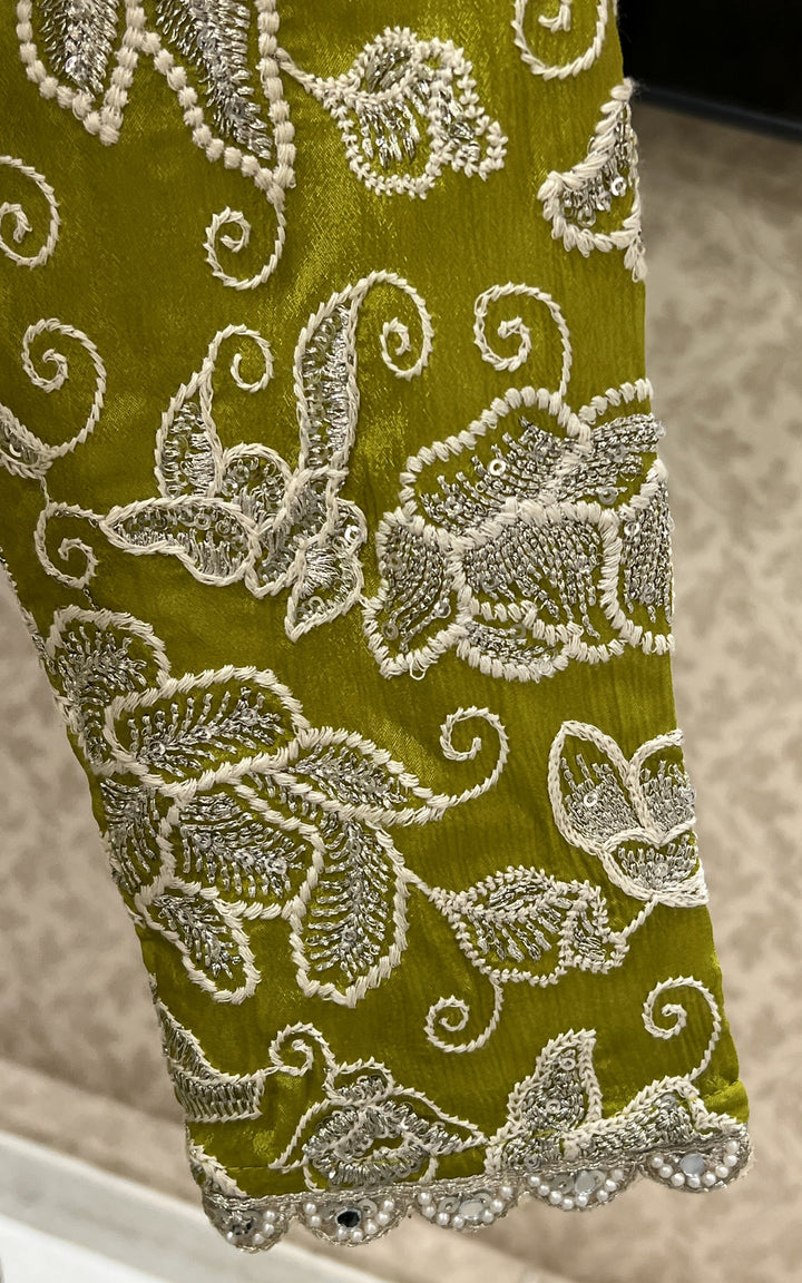 Parrot Green Silver Zari, Thread and Sequins work Long Overcoat Styled Crop Top Lehenga