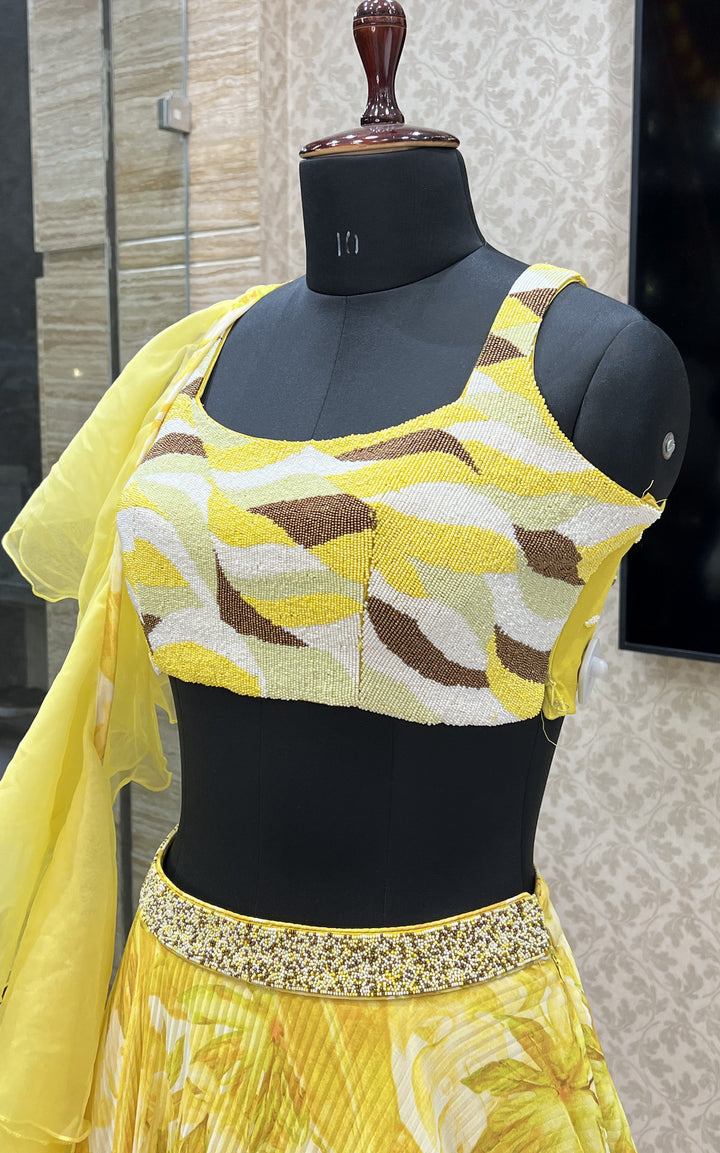 Yellow Pearl work with Printed Crop Top Lehenga